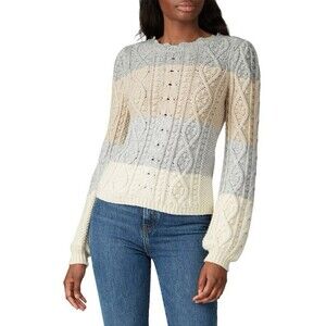 La Vie Rebecca Taylor Cable Knit Sweater Wool Cotton Blend Striped Puff Sleeve M